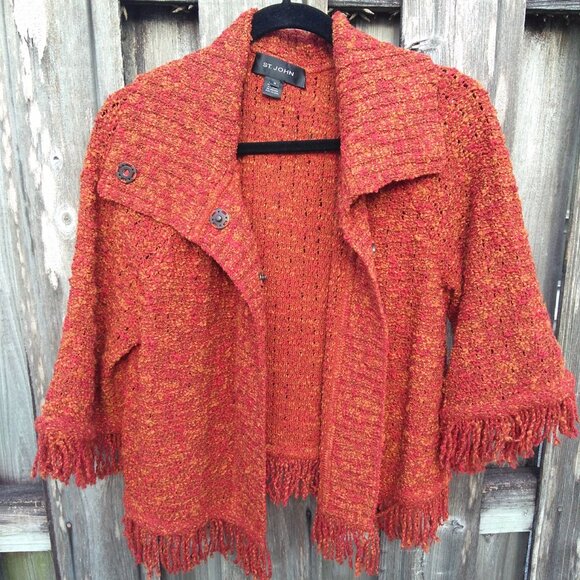 St. John AUTHENTIC wool blend nubby Knit Fringe Jacket blazer rusty red M